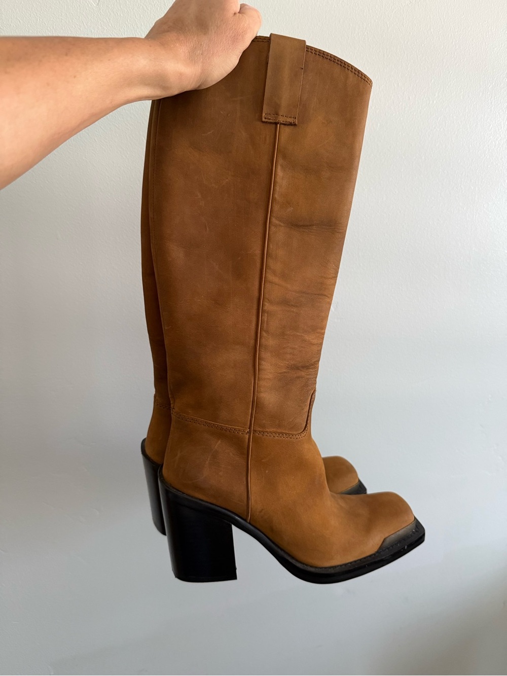 Jeffrey Campbell Tan Leather Knee-High Block Heel Boots